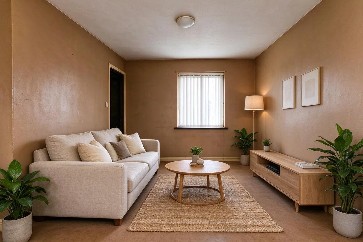 Living room restyled — drag to compare after