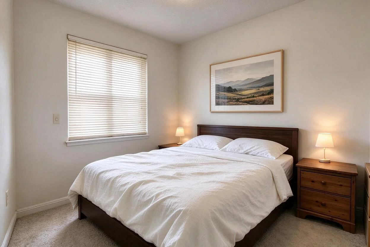 Calm primary bedroom after