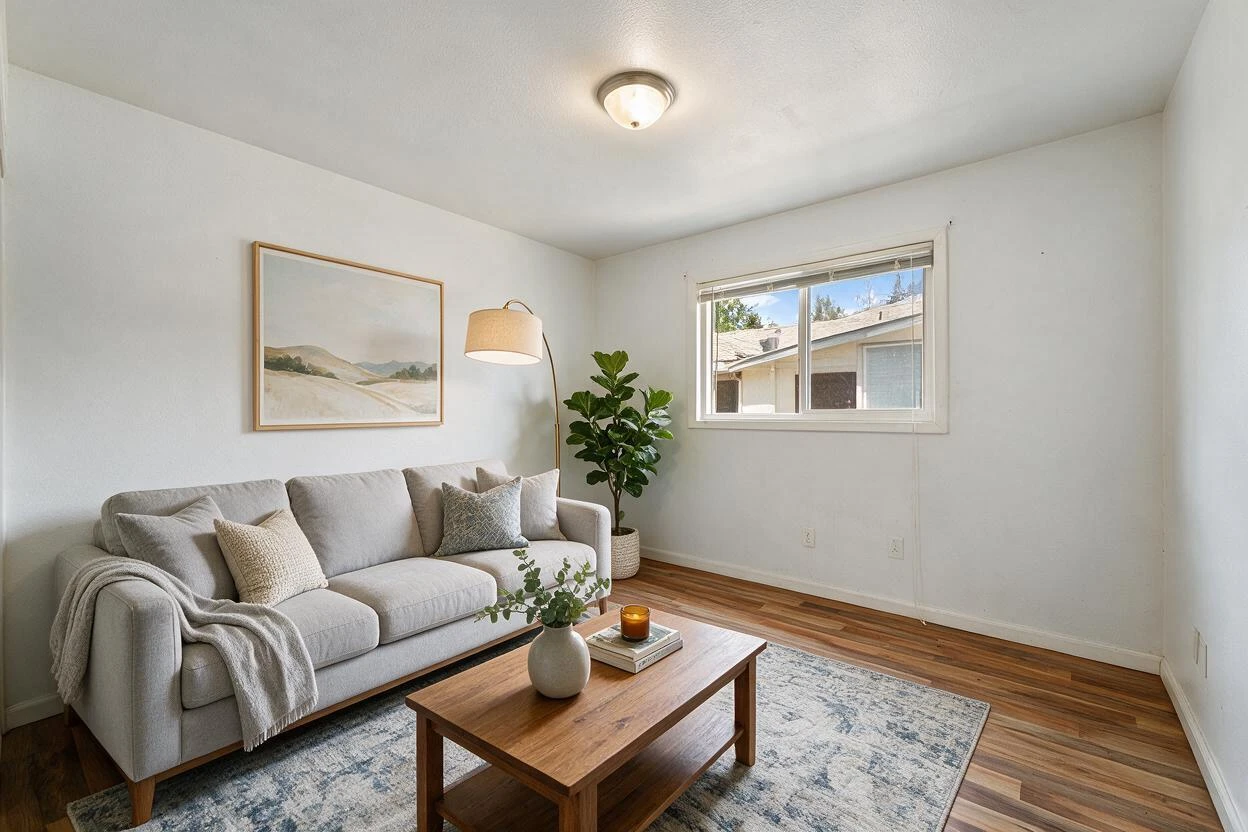 Virtual renovation before and after: upgrading a builder-grade living room with layered finishes and staging