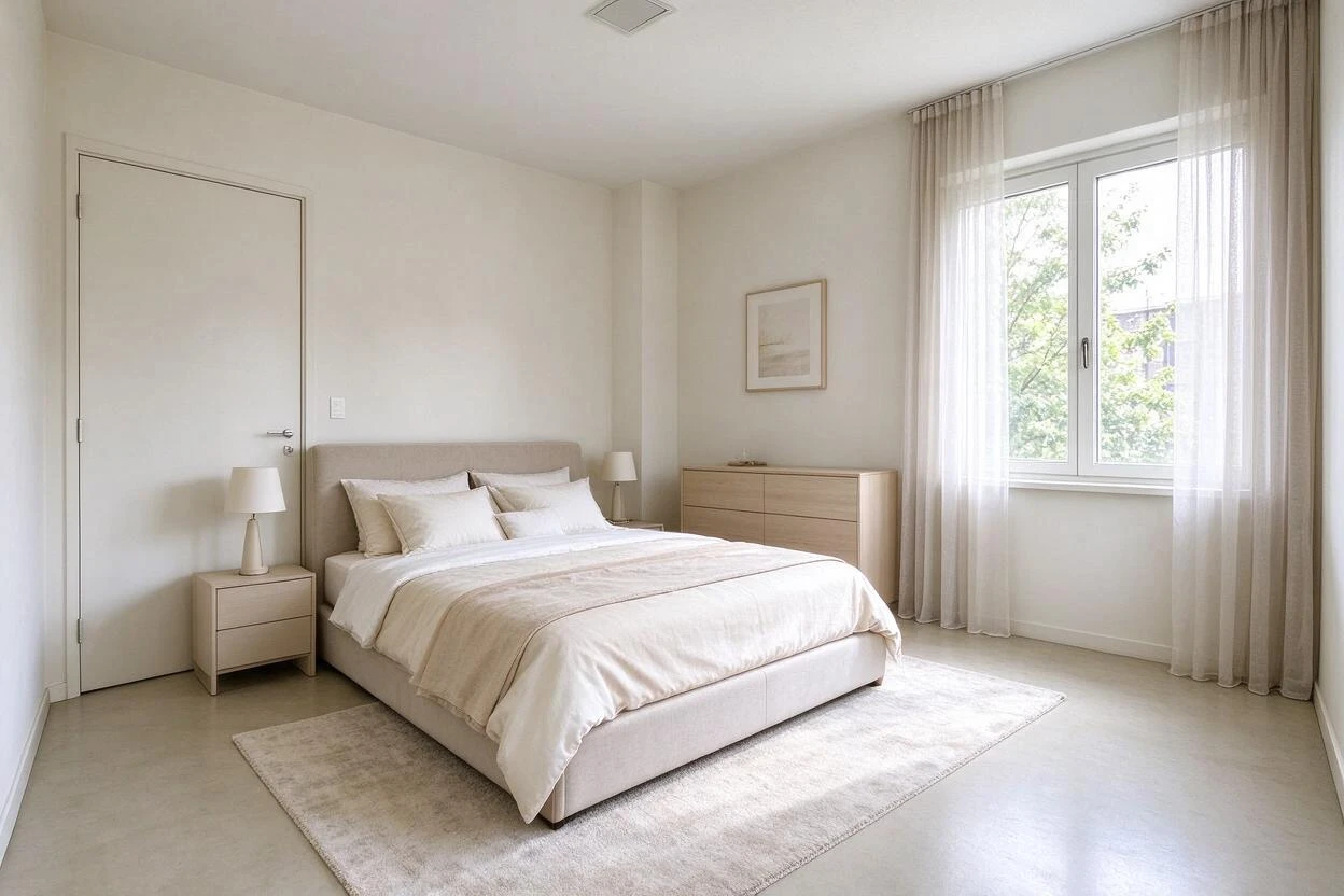 Virtual staging before and after: an empty bedroom transformed into a serene, fully furnished retreat