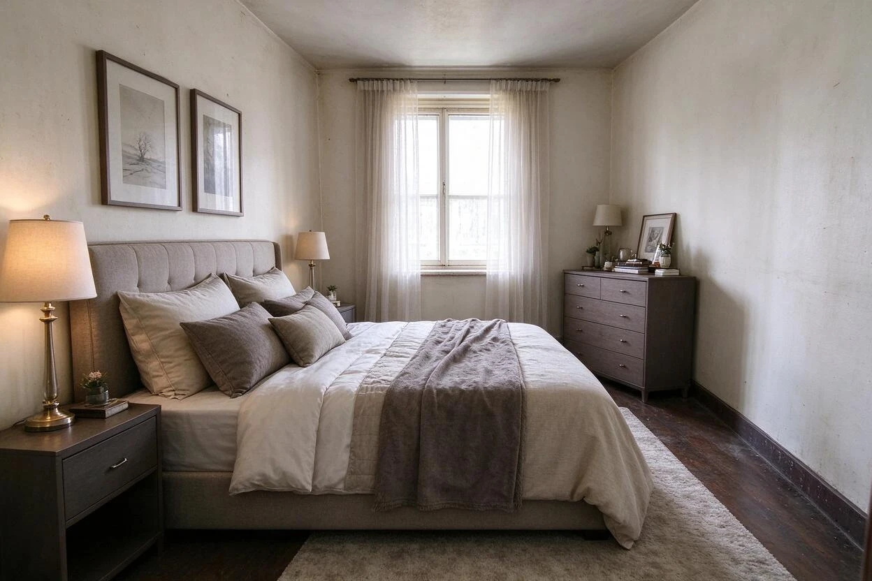 Bedroom redesign before and after: replacing an outdated bed and textiles with a calm, contemporary look