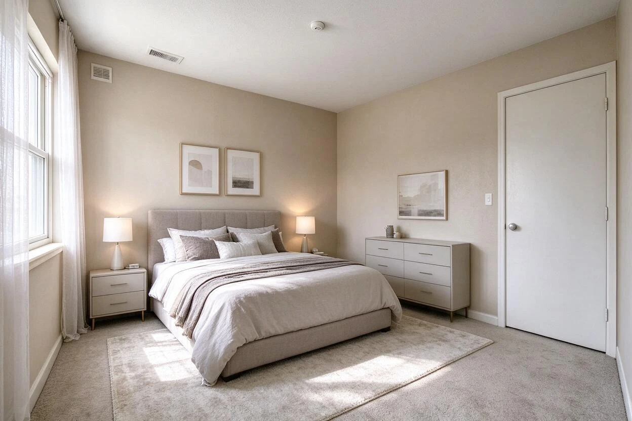 Virtual renovation before and after: a builder-grade bedroom reimagined with warm finishes and soft furnishings
