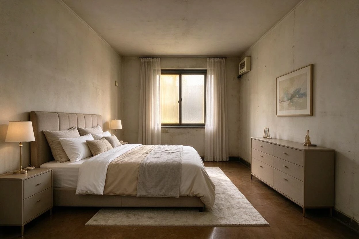 Before and after photo enhancement: a dark, worn bedroom lifted to bright, true-to-life light
