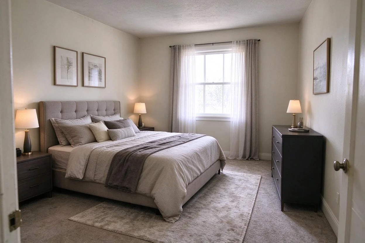 Clutter removal and restaging before and after: an overstuffed bedroom cleared into a calm, staged retreat