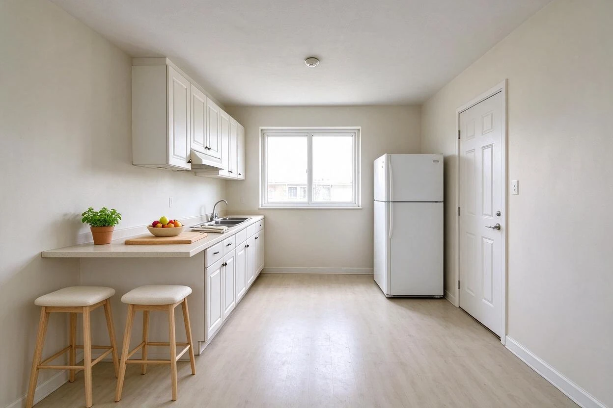 Virtual staging before and after: furnishing an empty kitchen photo into a bright, functional heart of the home