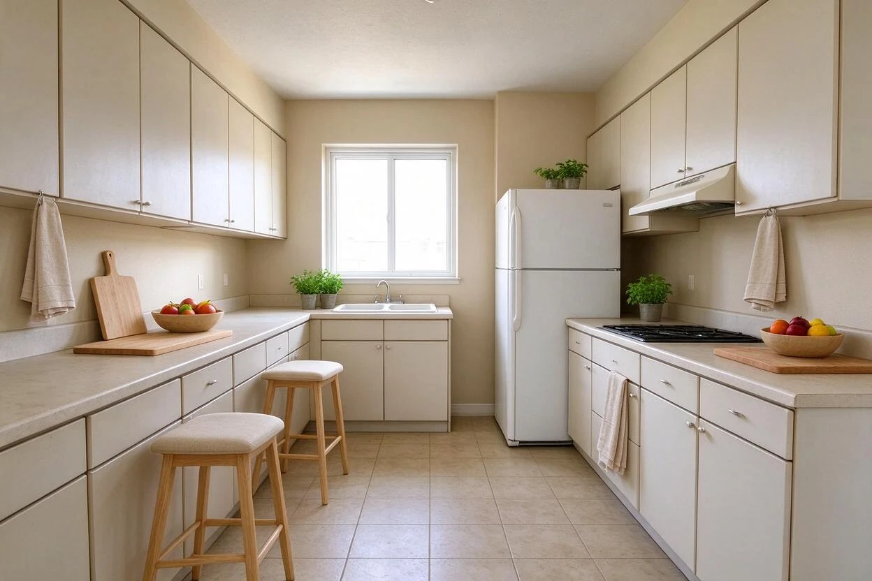 Virtual renovation before and after: builder-grade kitchen counters and backsplash updated to stone and tile