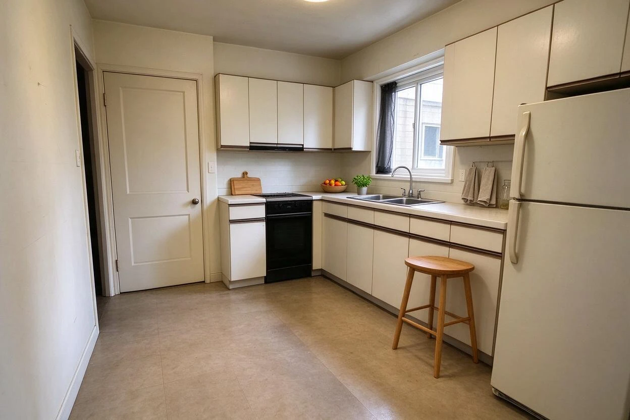 Before and after photo enhancement: a dim, yellow-toned kitchen corrected to bright, natural daylight