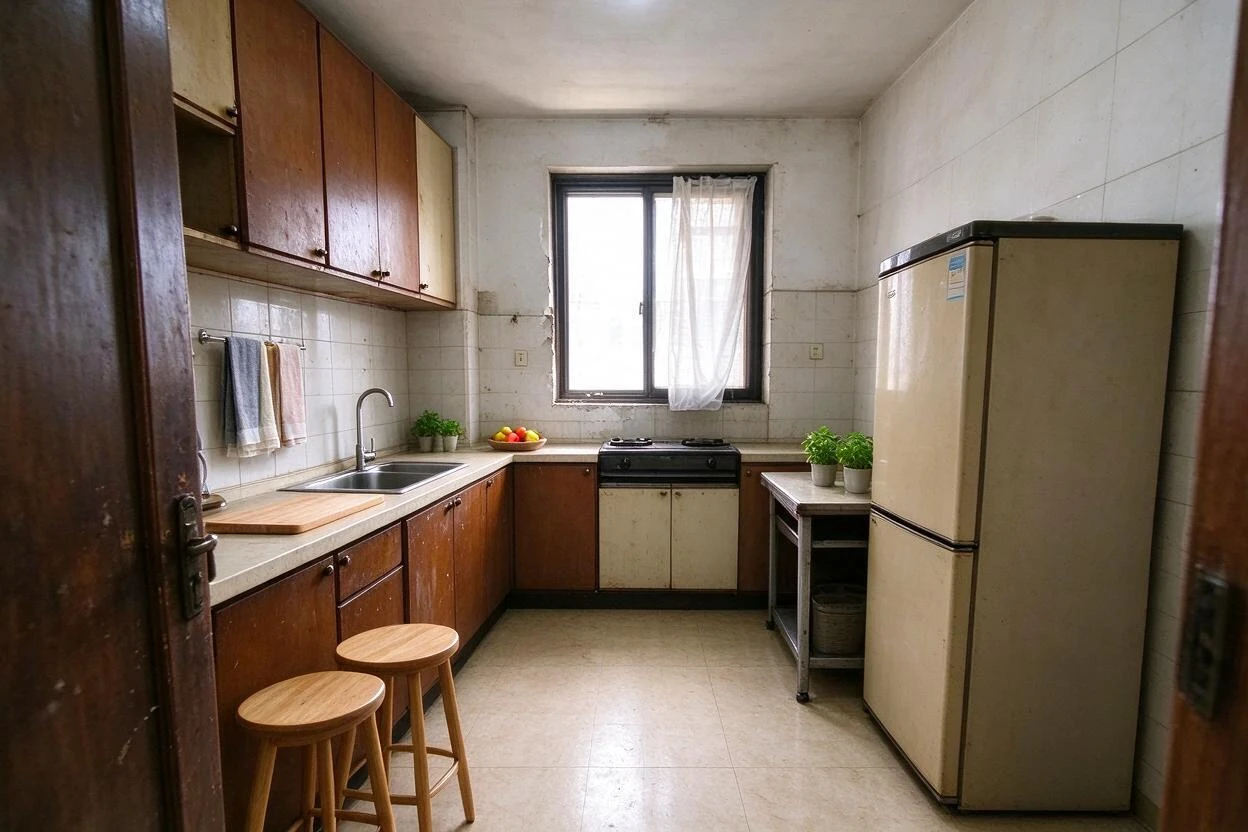 Clutter removal and restaging before and after: busy kitchen counters cleared to show the room's real space