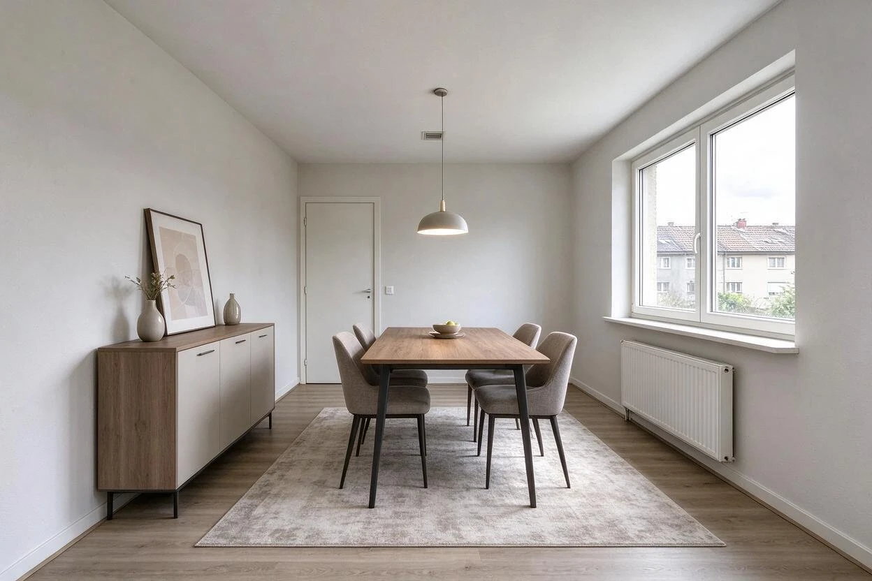 Virtual staging before and after: an empty dining room staged as an inviting, dinner-party-ready space