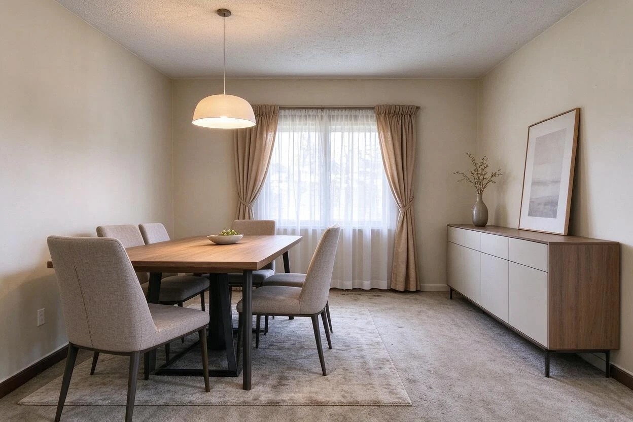 Dining room redesign before and after: a dated dining set refreshed with modern furniture and lighting