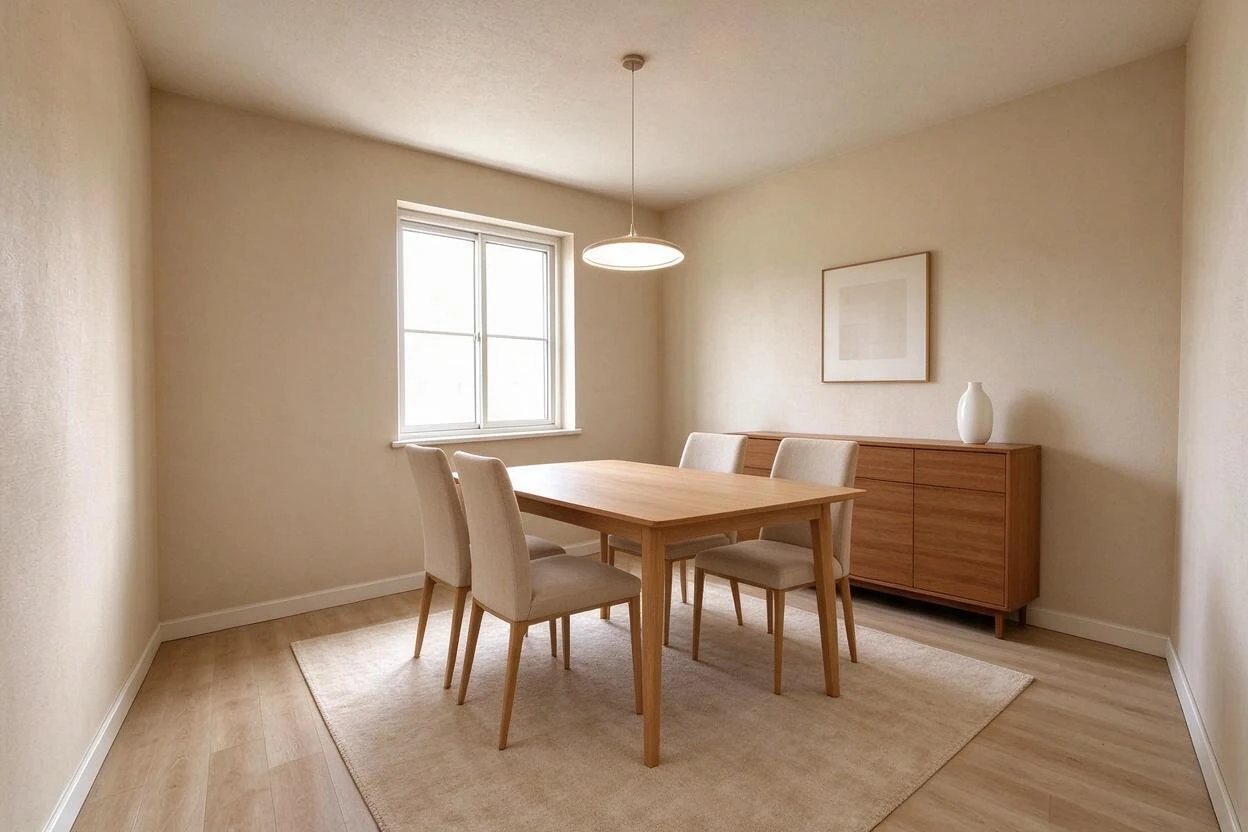 Virtual renovation before and after: a builder-grade dining room given character with paneling, finishes, and staging