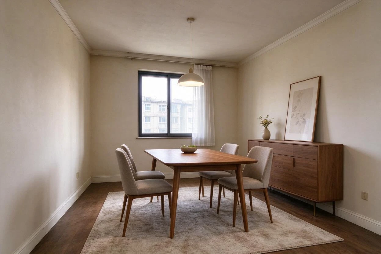 Before and after photo enhancement: a gloomy, worn dining room restored to bright, neutral tones
