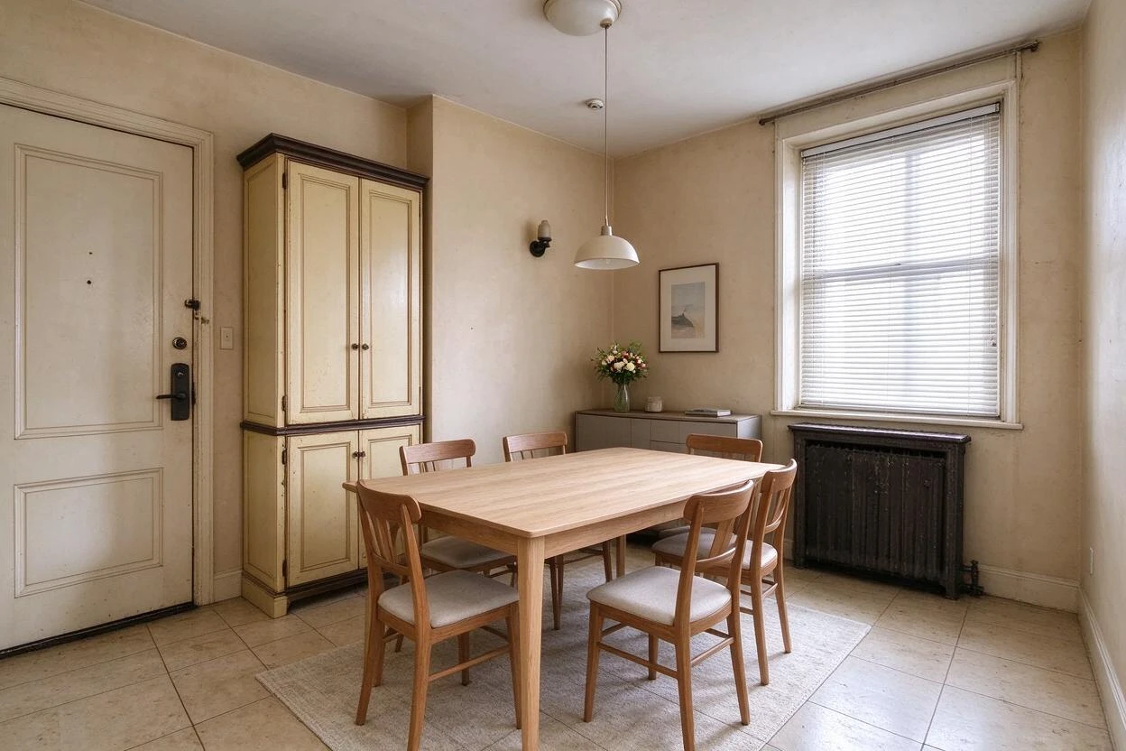 Clutter removal and restaging before and after: a cluttered dining room emptied and staged for entertaining