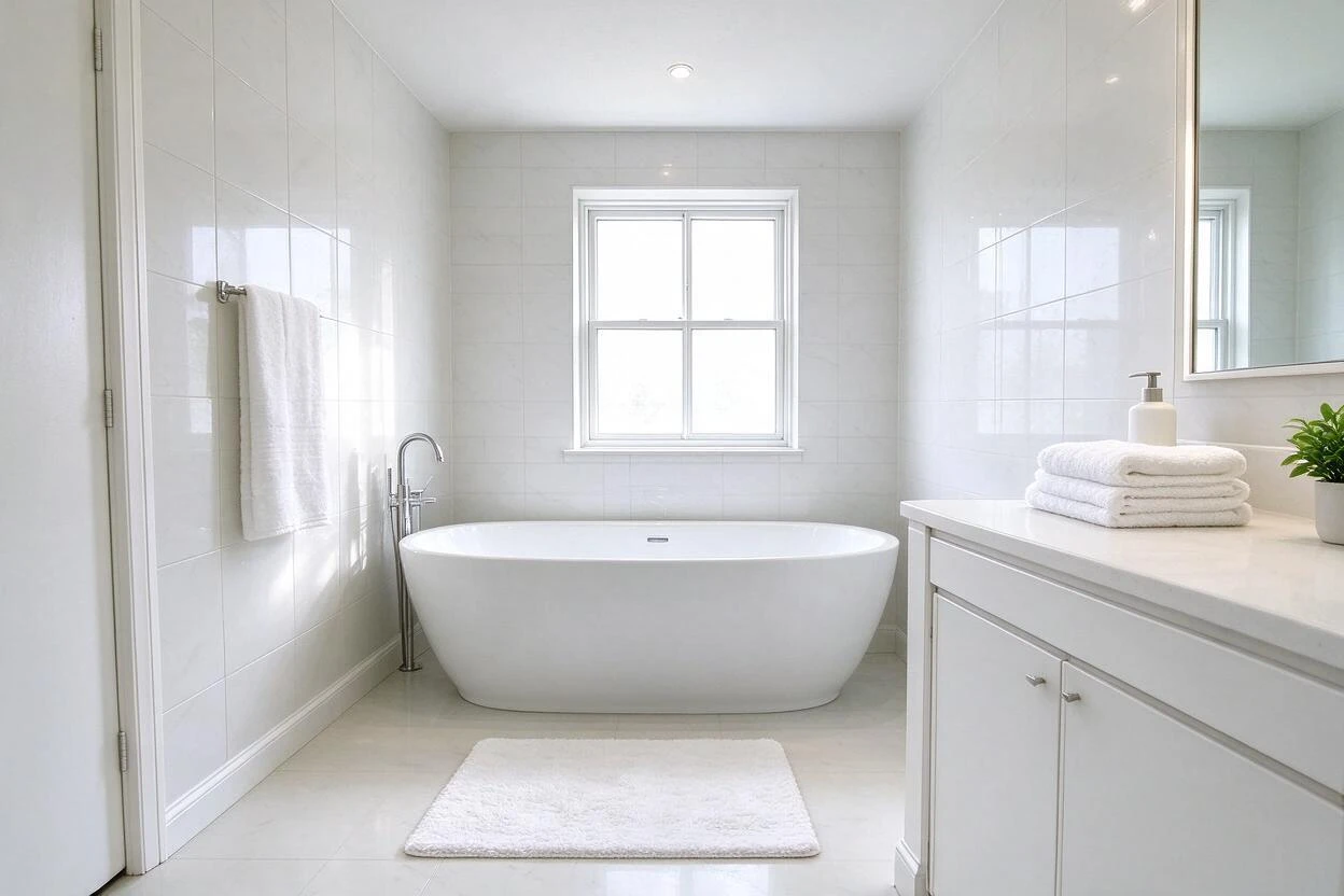 Virtual staging before and after: an empty bathroom rendered as a calm, spa-like space with fresh linens and decor