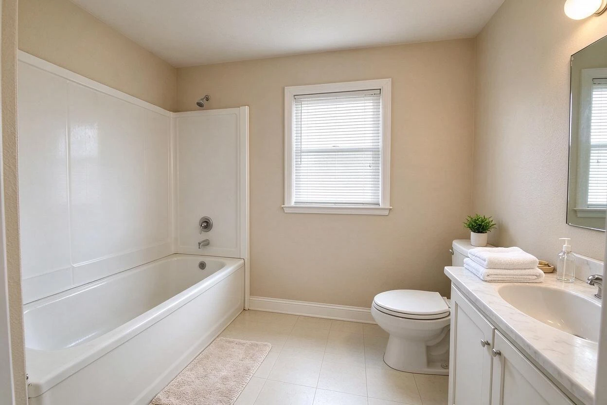 Virtual renovation before and after: a builder-grade bathroom refreshed with new tile, vanity, and fixtures