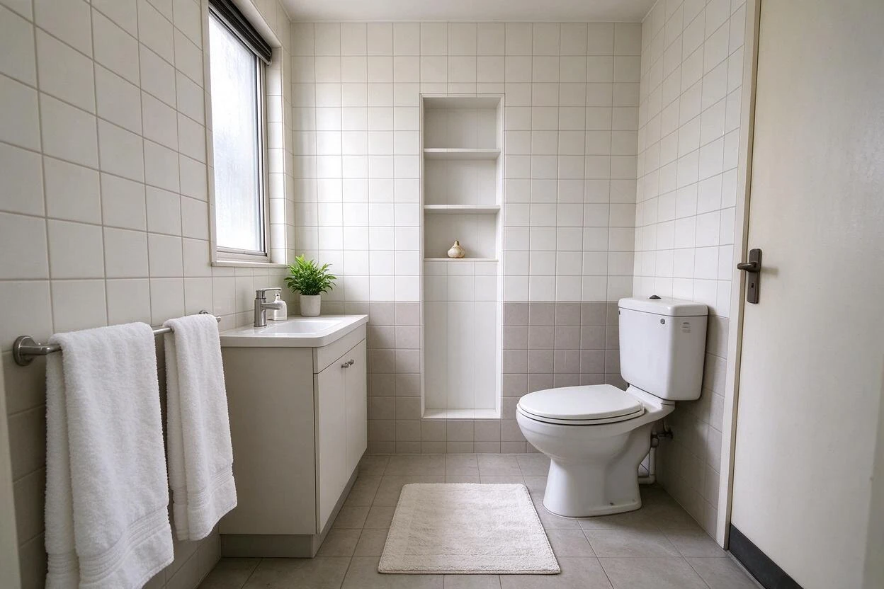Before and after photo enhancement: a dim, dated bathroom brightened and refreshed in a single pass