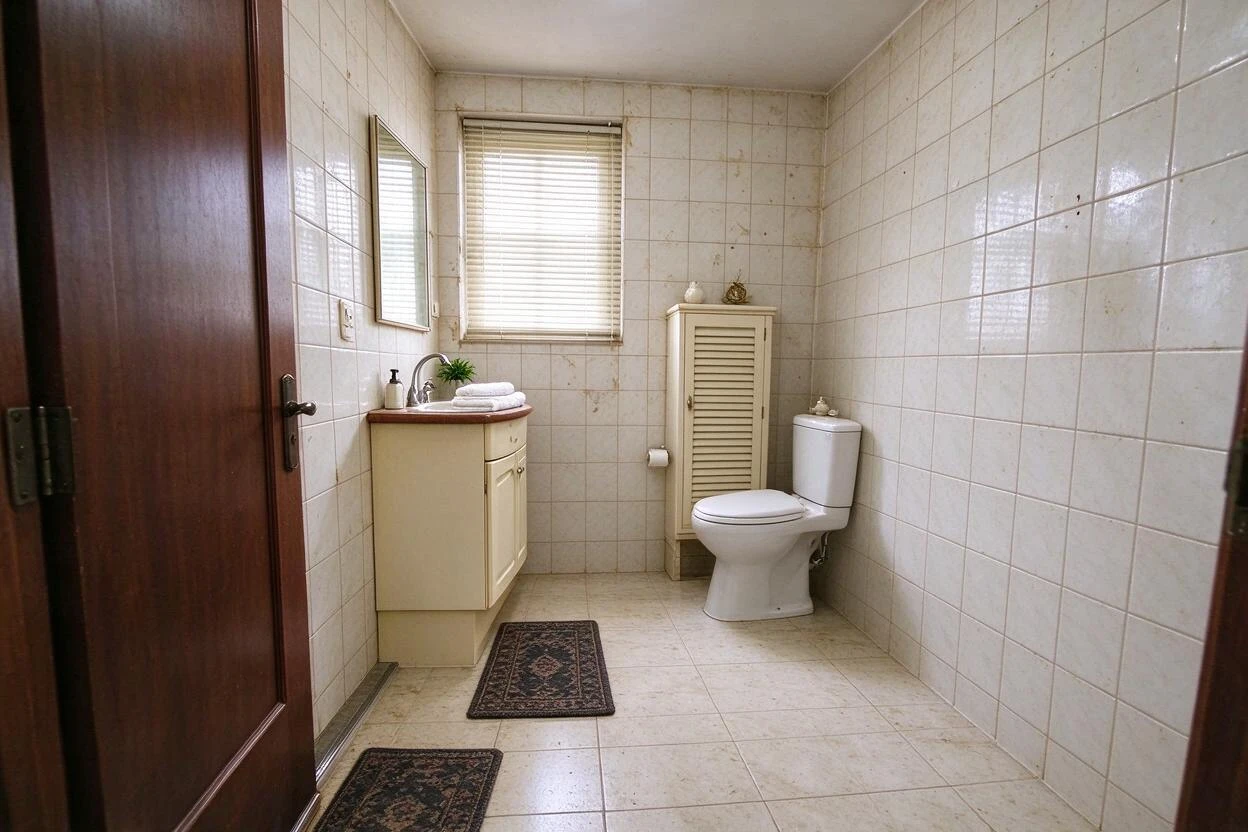 Clutter removal and restaging before and after: a crowded bathroom decluttered to a clean, spa-like finish