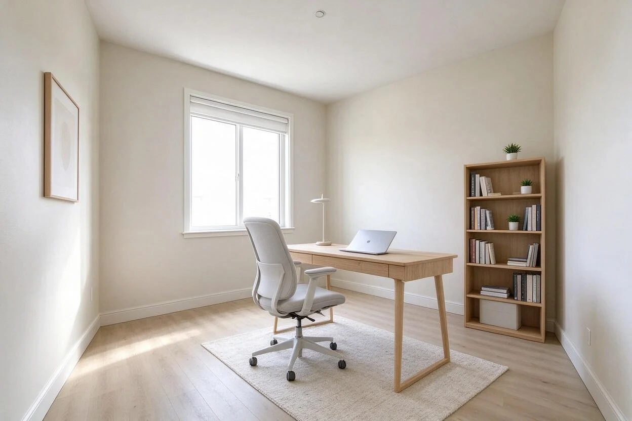 Virtual staging before and after: an empty home office fitted out as a focused, organized workspace