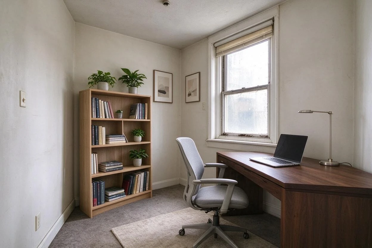 Home office redesign before and after: swapping bulky, dated furniture for a clean, productive setup