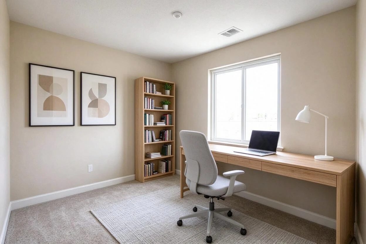 Virtual renovation before and after: a builder-grade home office upgraded with built-ins and warm materials