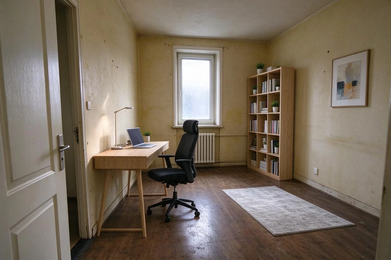 Before and after photo enhancement: a dark, tired home office corrected to a bright, neutral workspace
