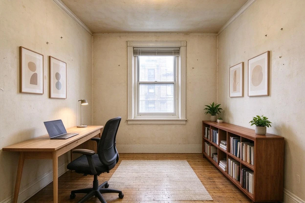 Clutter removal and restaging before and after: a chaotic home office cleared into an organized, focused setup