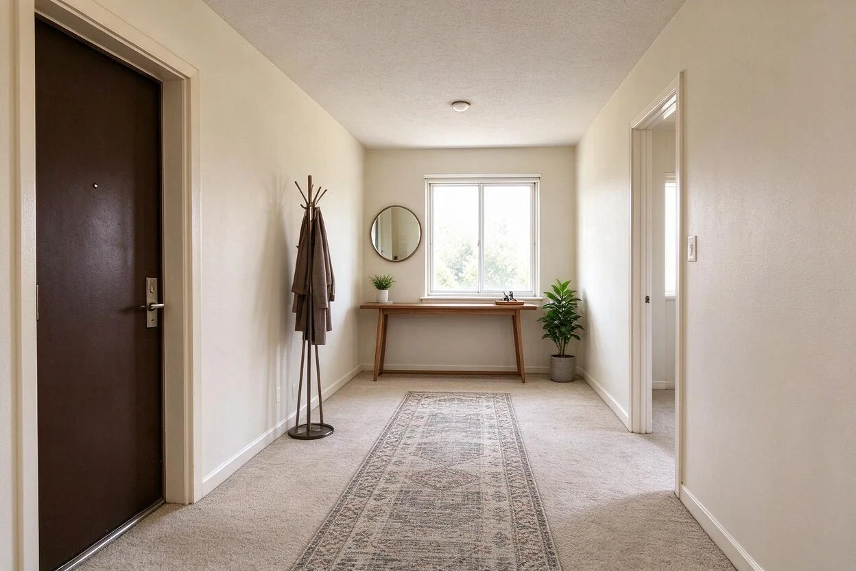 Virtual staging before and after: an empty entryway staged into a welcoming first impression with a console and mirror