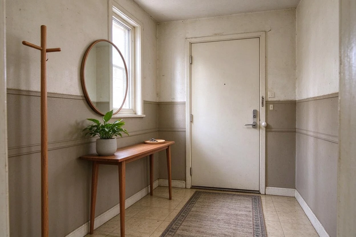 Entryway redesign before and after: a dated foyer restyled with a modern console, mirror, and lighting