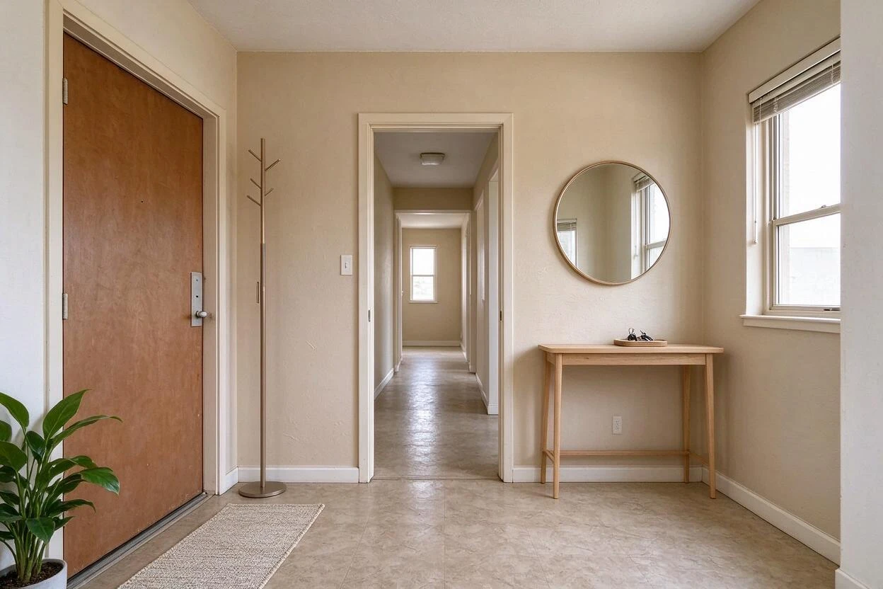 Virtual renovation before and after: a plain builder-grade entry upgraded with storage, lighting, and finish details