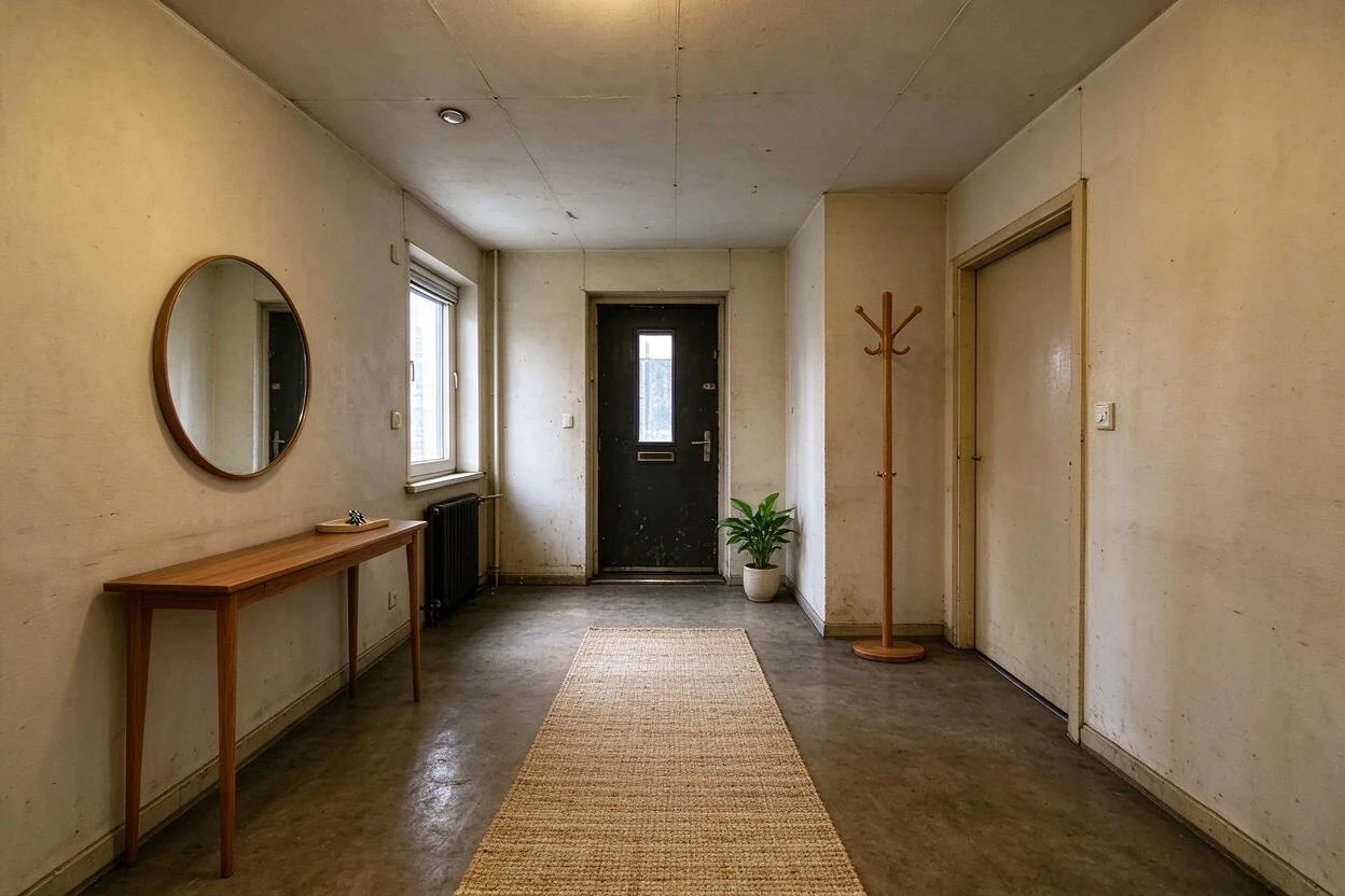 Before and after photo enhancement: a shadowy, scuffed entryway lifted to bright and welcoming