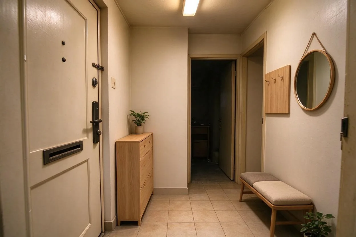 Clutter removal and restaging before and after: a crowded entryway cleared into a tidy, welcoming drop zone