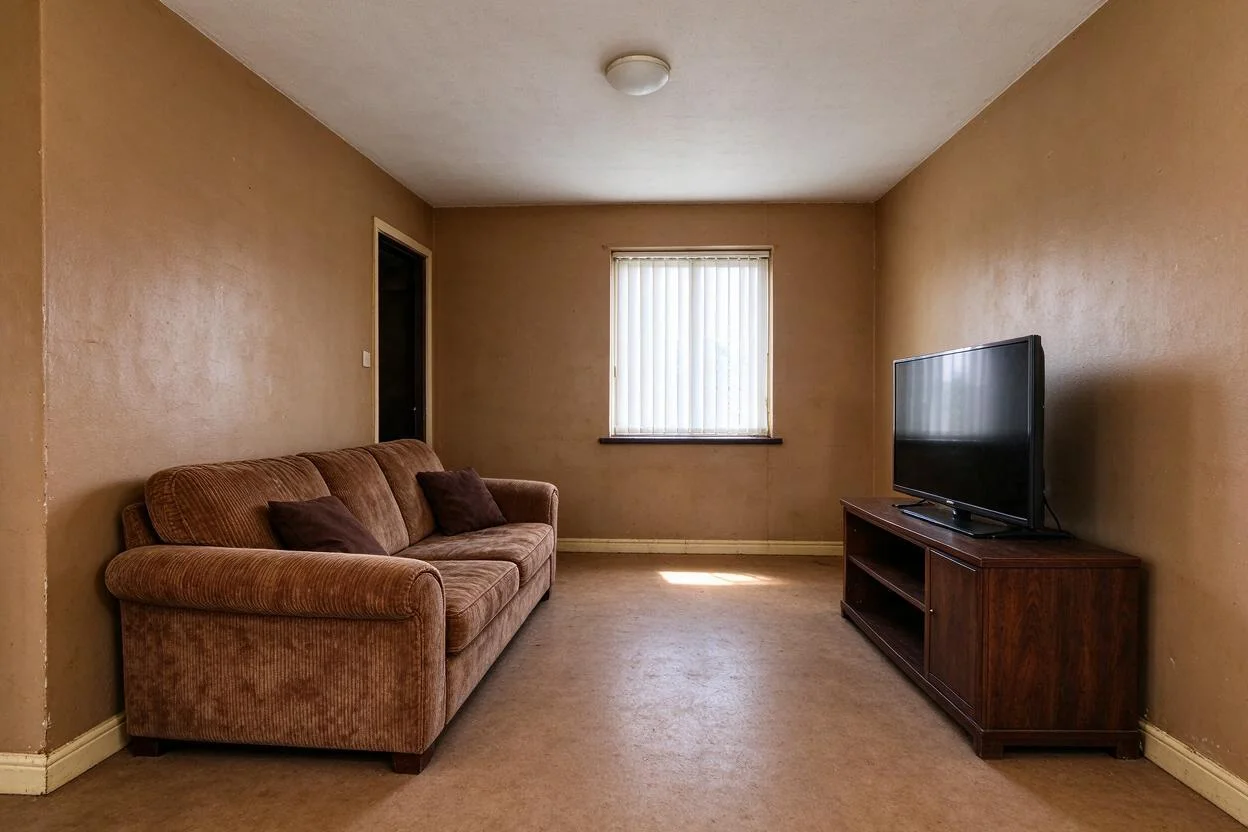 Living room restyled — drag to compare before