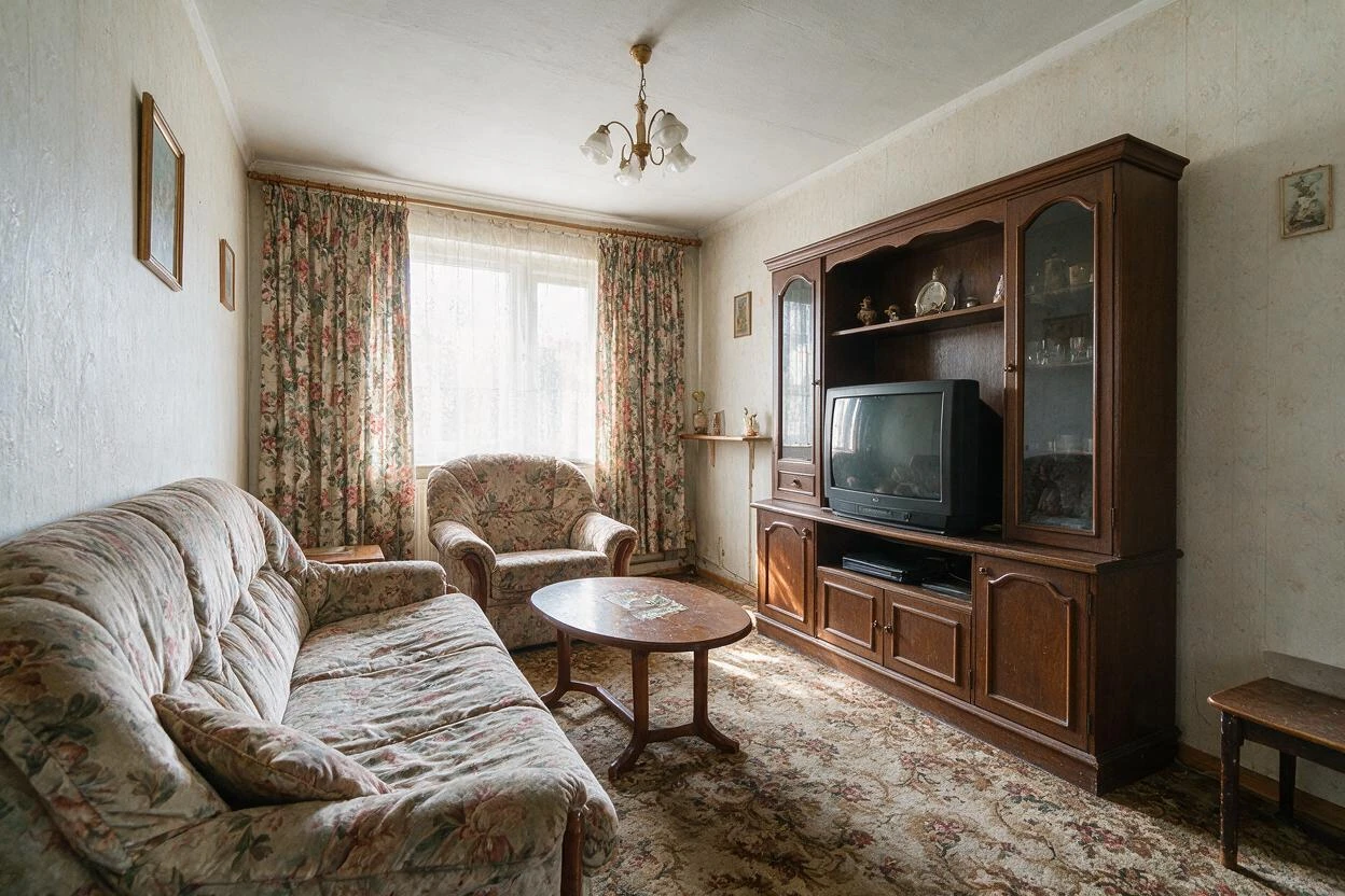 Furniture redesign before and after: swapping dated pieces in a tired living room for a fresh, modern layout (before photo)
