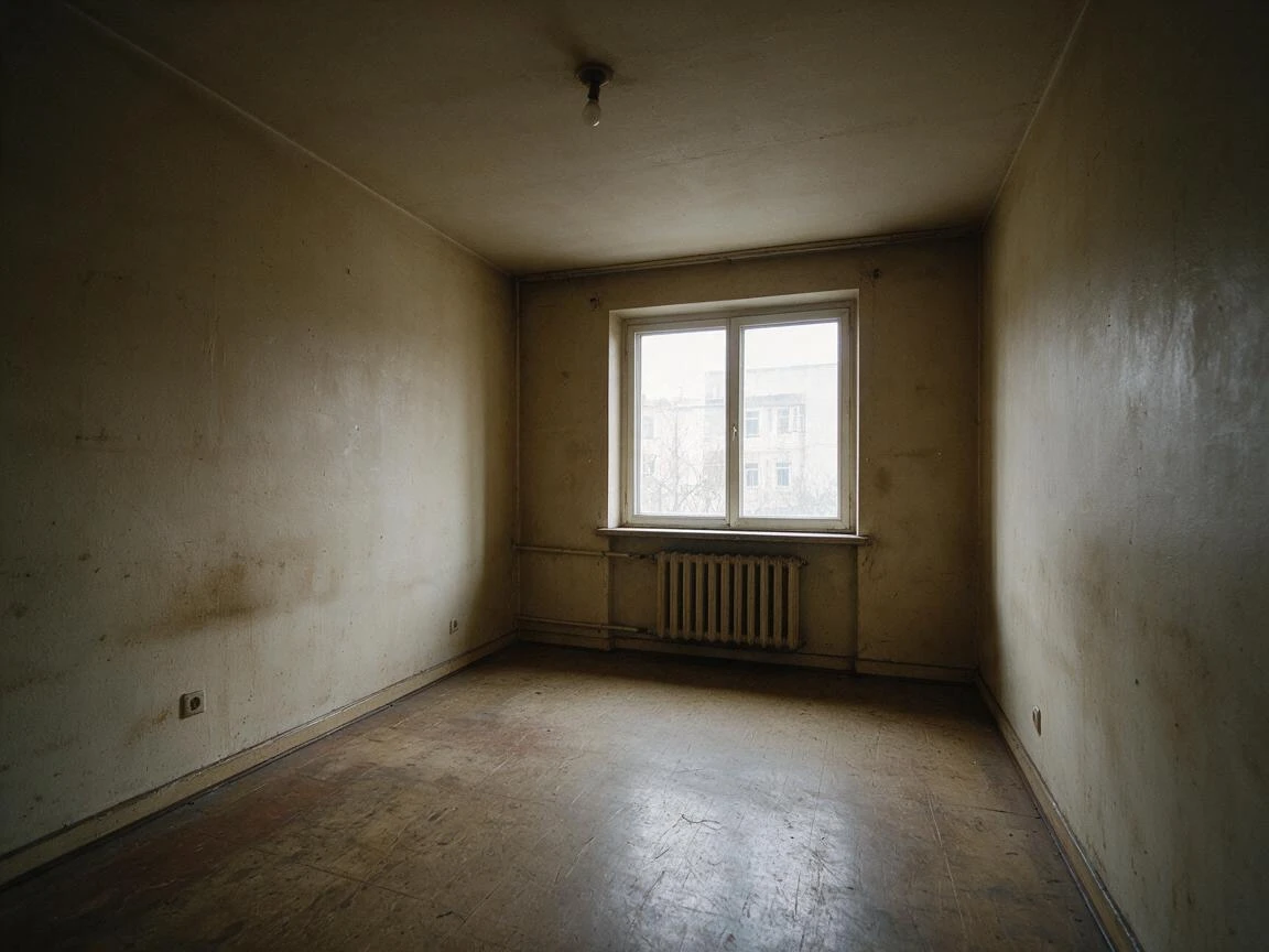 Photo enhancement and renovation before and after: a dim, worn living room brightened into a fresh, inviting space (before photo)