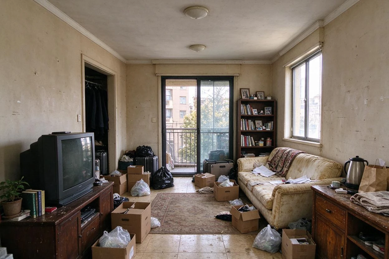 Clutter removal and restaging before and after: a packed living room cleared and restaged with purposeful furniture (before photo)