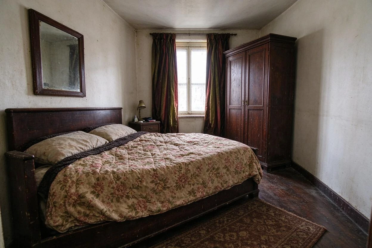 Bedroom redesign before and after: replacing an outdated bed and textiles with a calm, contemporary look (before photo)