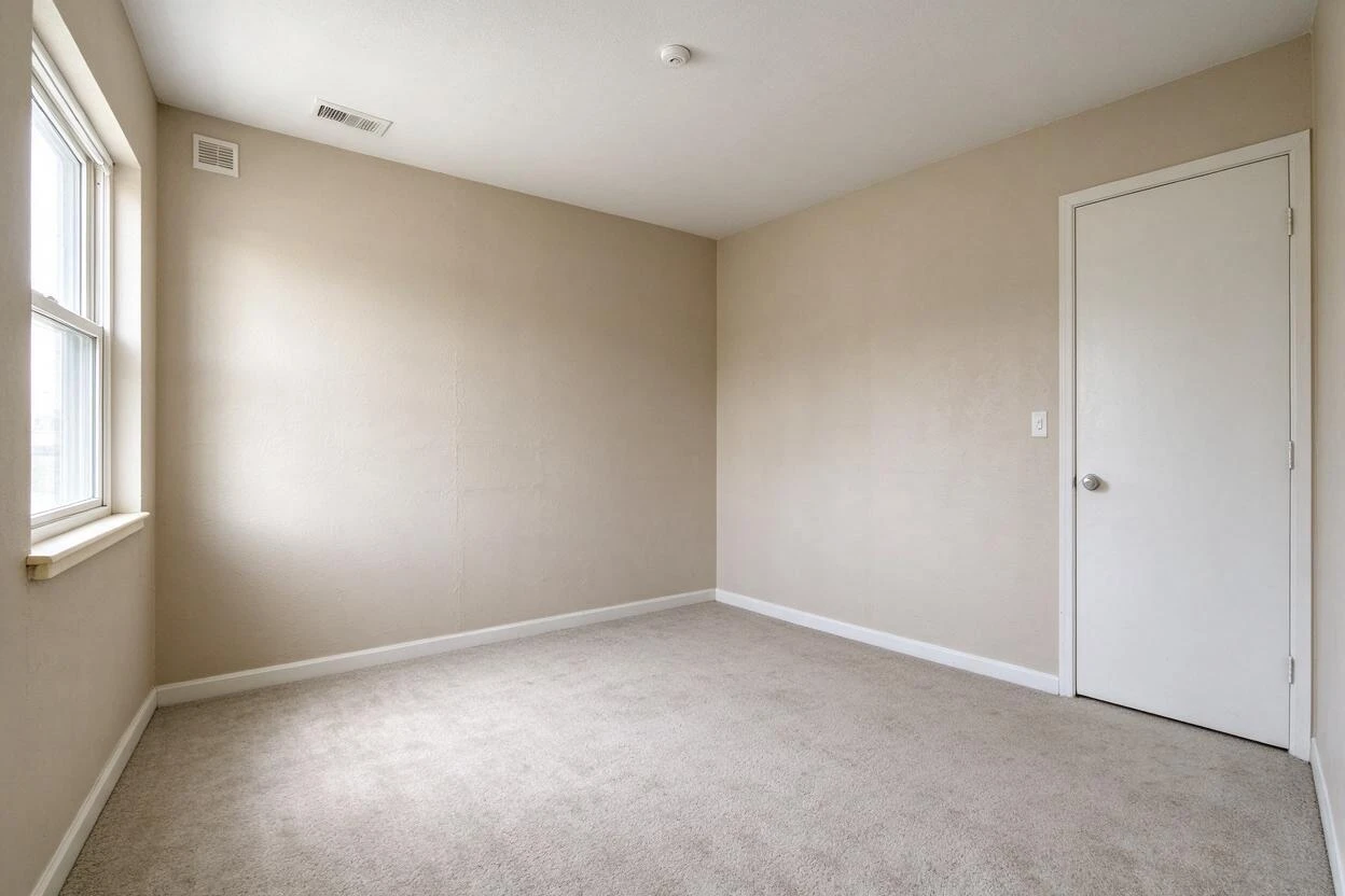 Virtual renovation before and after: a builder-grade bedroom reimagined with warm finishes and soft furnishings (before photo)