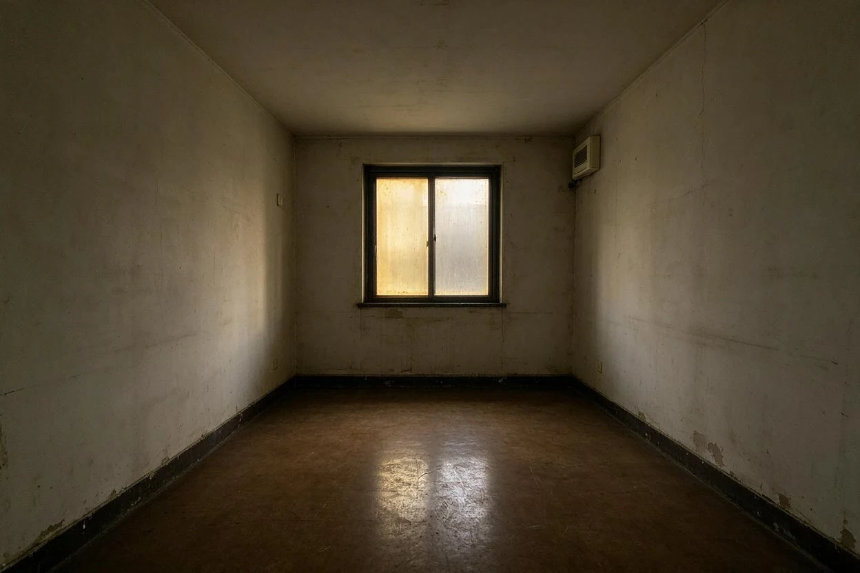Before and after photo enhancement: a dark, worn bedroom lifted to bright, true-to-life light (before photo)