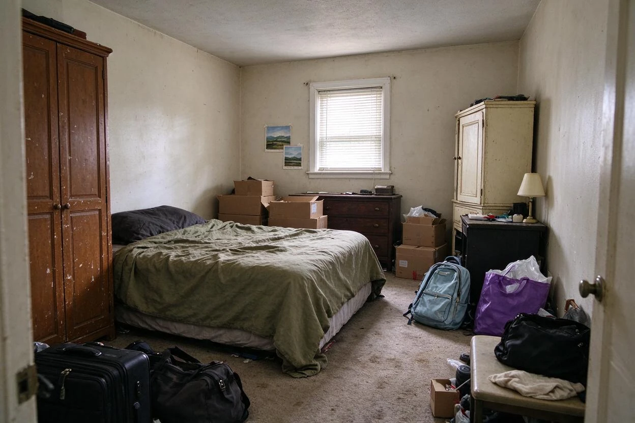Clutter removal and restaging before and after: an overstuffed bedroom cleared into a calm, staged retreat (before photo)