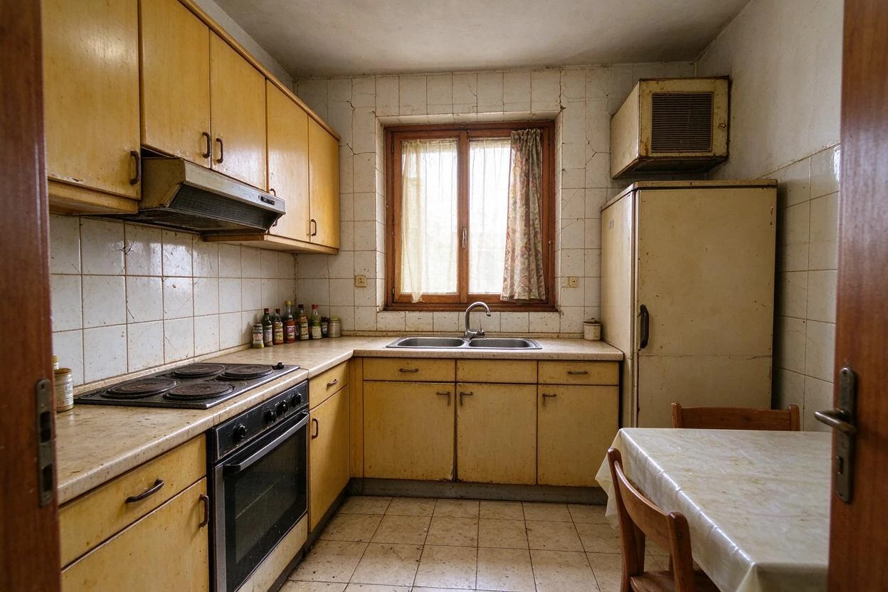 Kitchen redesign before and after: modernizing outdated cabinets and finishes without moving a wall (before photo)