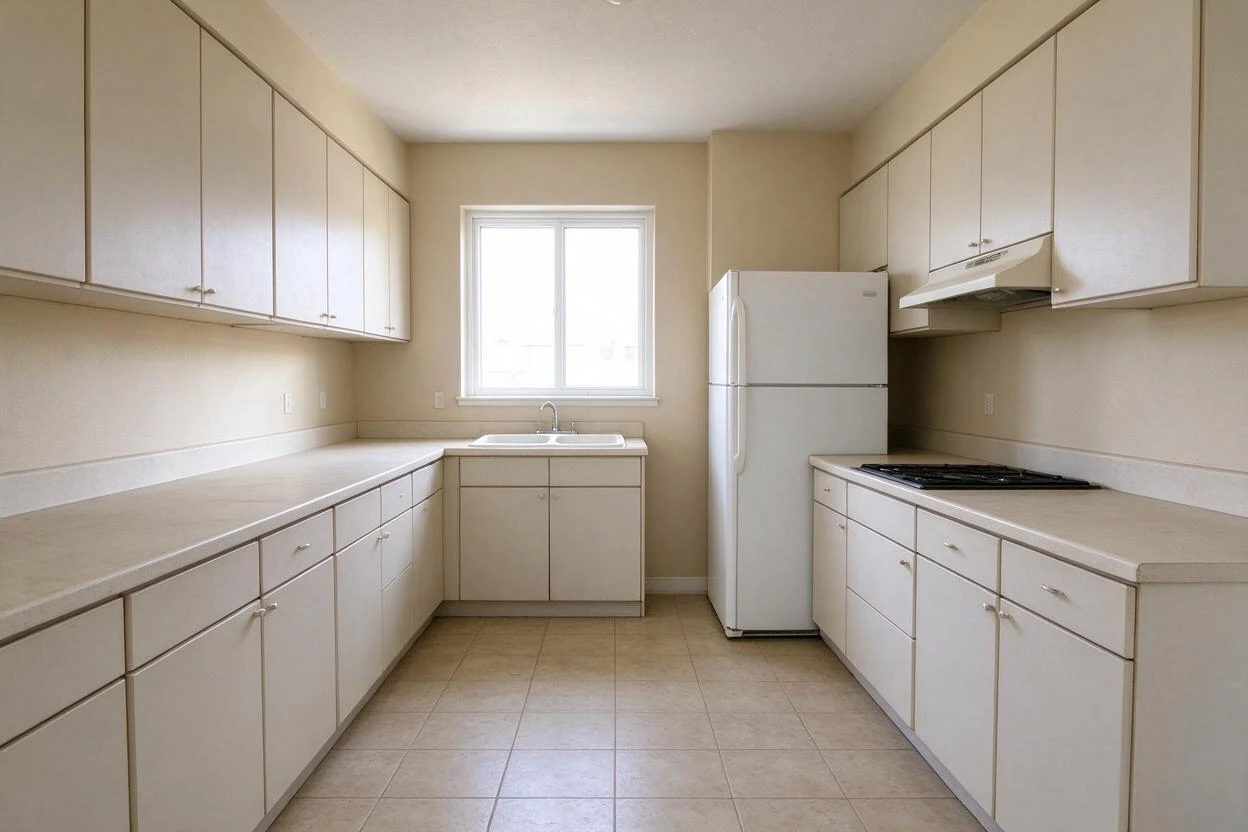 Virtual renovation before and after: builder-grade kitchen counters and backsplash updated to stone and tile (before photo)