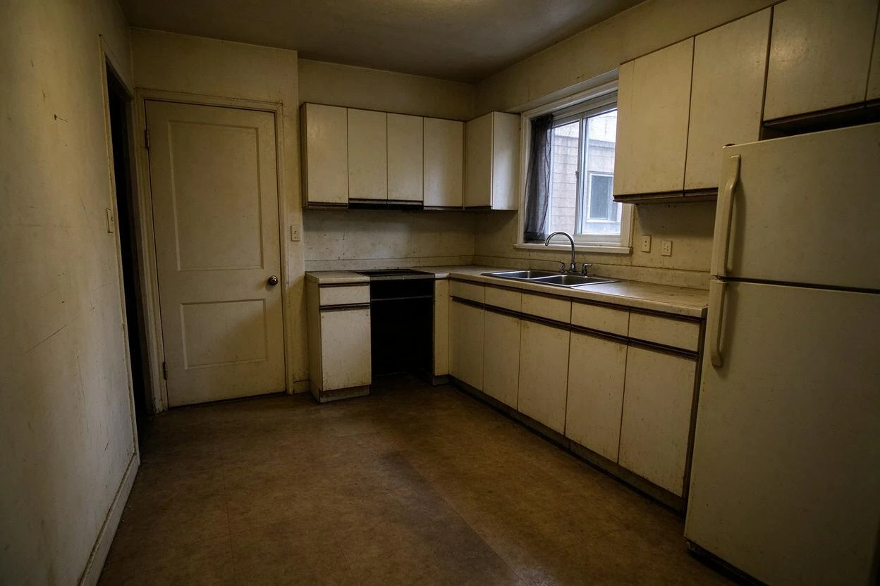 Before and after photo enhancement: a dim, yellow-toned kitchen corrected to bright, natural daylight (before photo)