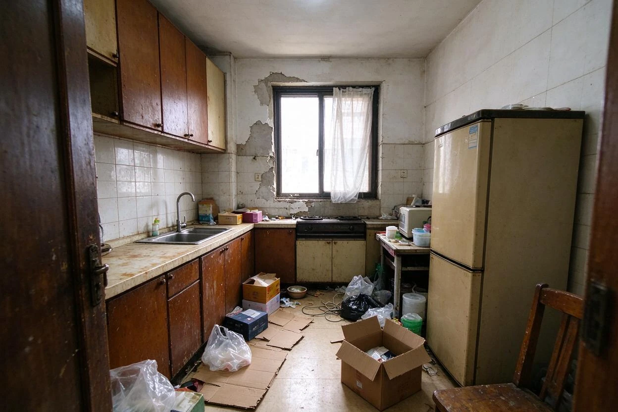 Clutter removal and restaging before and after: busy kitchen counters cleared to show the room's real space (before photo)