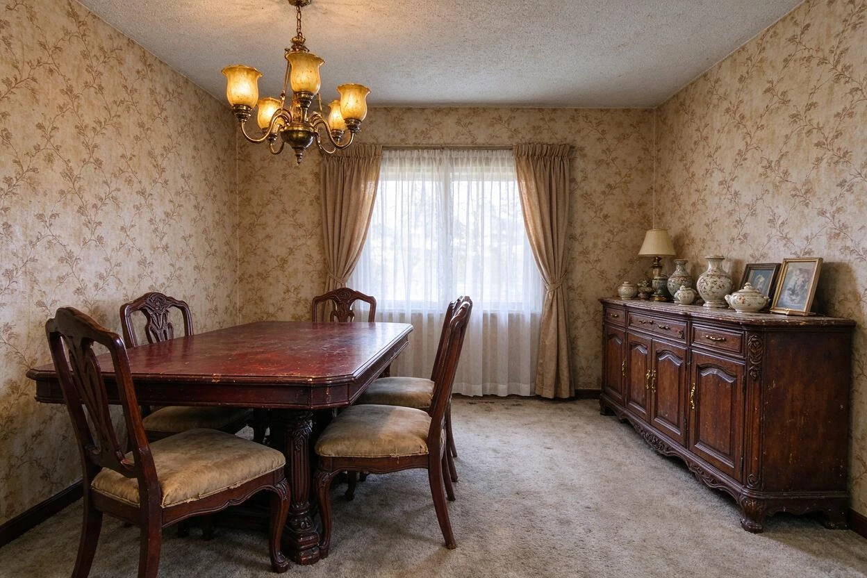 Dining room redesign before and after: a dated dining set refreshed with modern furniture and lighting (before photo)
