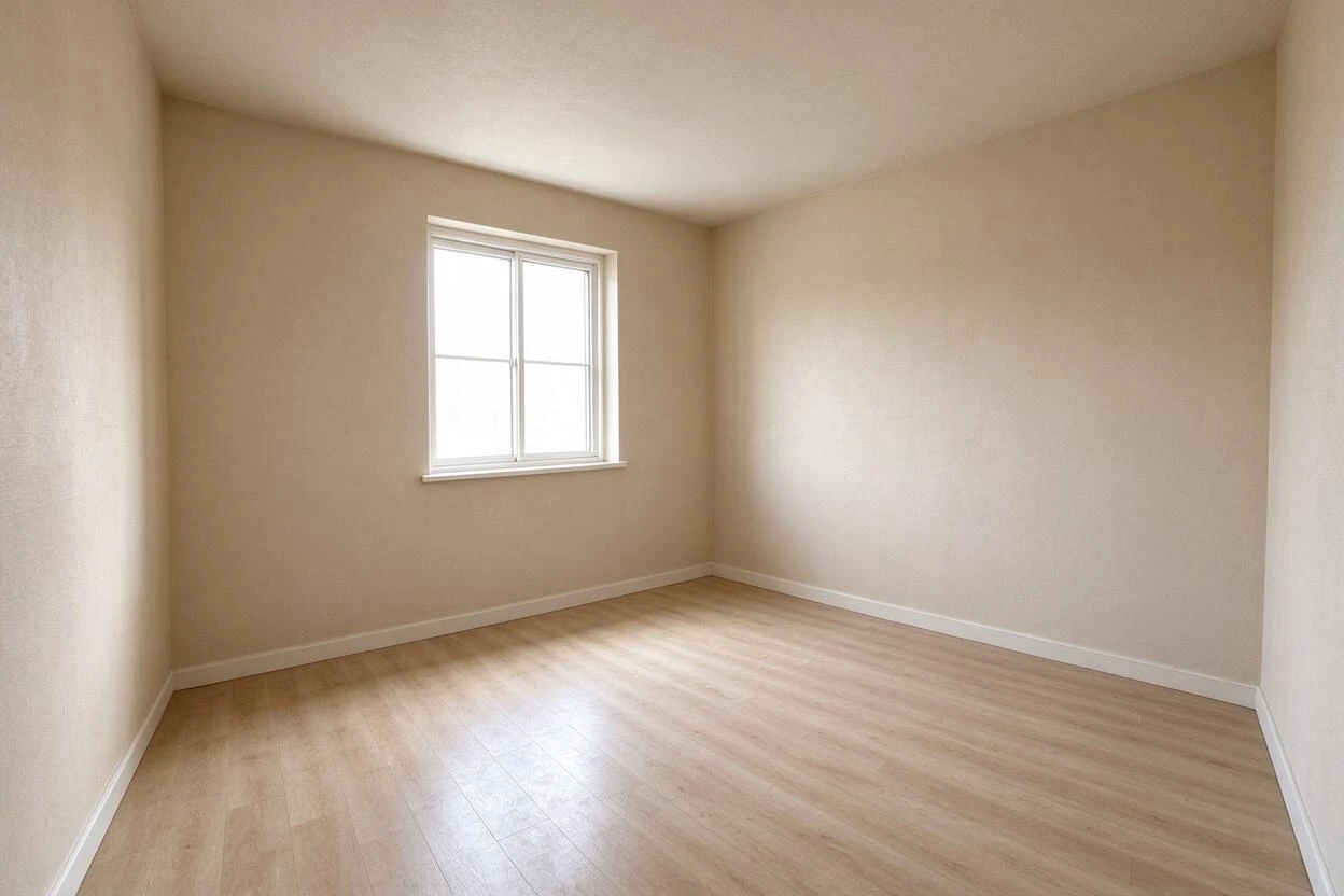 Virtual renovation before and after: a builder-grade dining room given character with paneling, finishes, and staging (before photo)