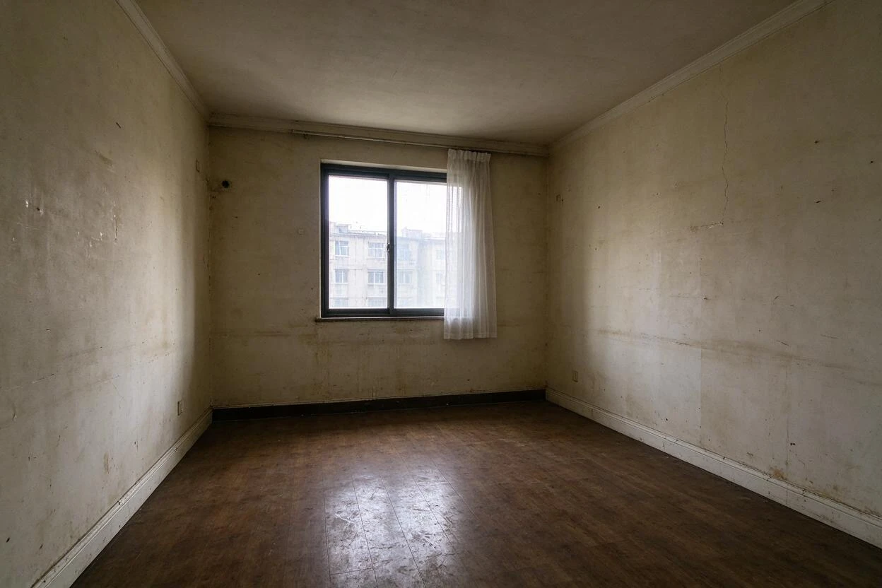 Before and after photo enhancement: a gloomy, worn dining room restored to bright, neutral tones (before photo)