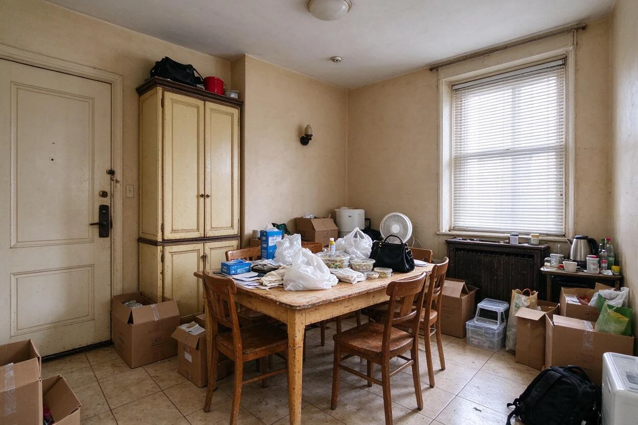 Clutter removal and restaging before and after: a cluttered dining room emptied and staged for entertaining (before photo)