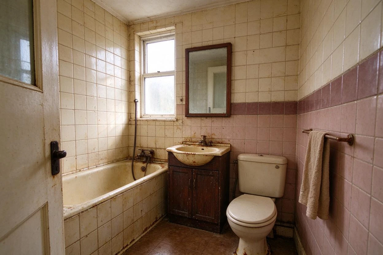 Bathroom redesign before and after: an outdated bath restyled with current fixtures and a lighter palette (before photo)