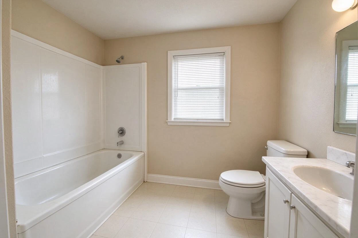 Virtual renovation before and after: a builder-grade bathroom refreshed with new tile, vanity, and fixtures (before photo)