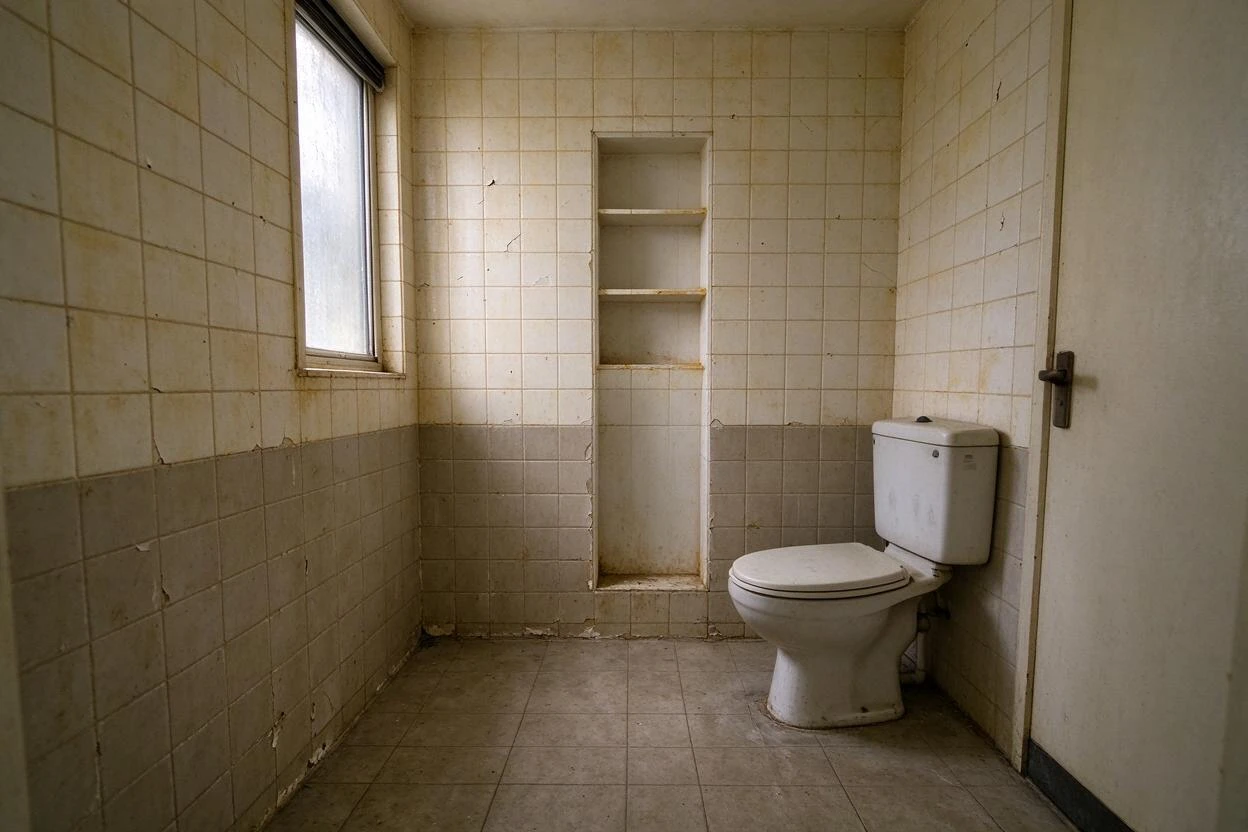 Before and after photo enhancement: a dim, dated bathroom brightened and refreshed in a single pass (before photo)
